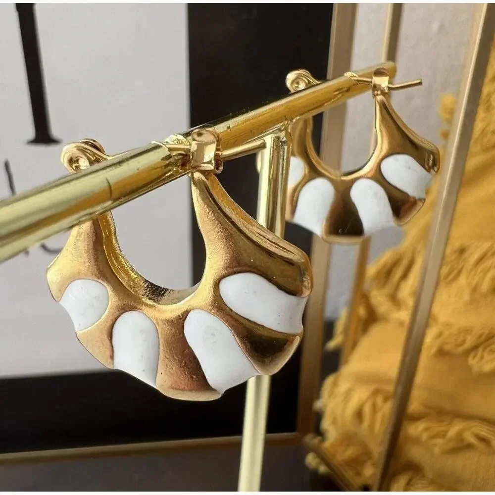 Gold Plated Stunning Egyptian Style Hoop Earrings White Enamel & Gold